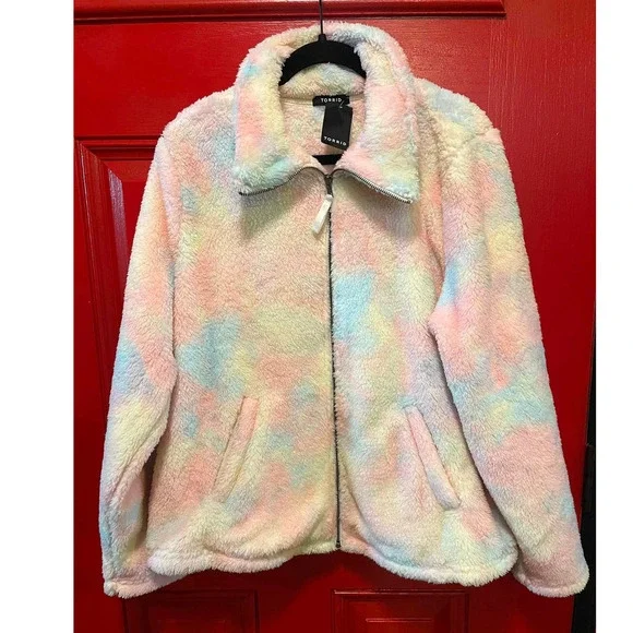 Torrid Plus Size 2 Cotton Candy Tie Dye Plush Zip Up Sherpa Jacket Pink Blue New - Picture 1 of 4